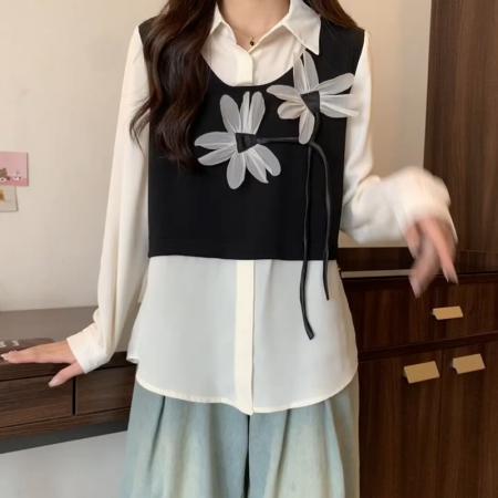 FA43396# 早秋新款大码女装胖MM立体花朵假两件撞色拼接显瘦长袖衬衣 服裝批發女裝批發服飾貨源