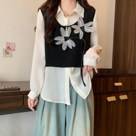 FA43396# 早秋新款大码女装胖MM立体花朵假两件撞色拼接显瘦长袖衬衣 服裝批發女裝批發服飾貨源