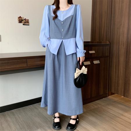 FA43397# 秋季新款大码女装胖MM假两件上衣通勤气质半身裙巨显瘦套装 服裝批發女裝批發服飾貨源