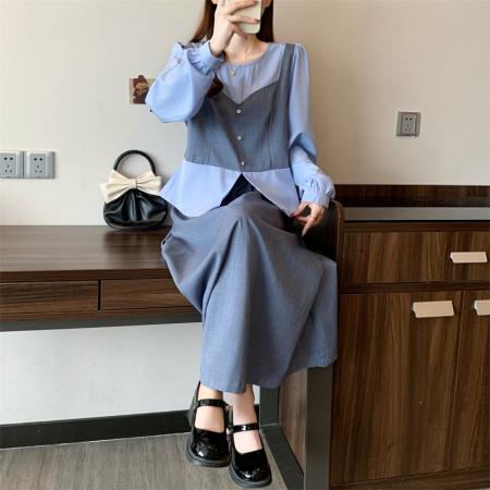 FA43397# 秋季新款大码女装胖MM假两件上衣通勤气质半身裙巨显瘦套装 服裝批發女裝批發服飾貨源