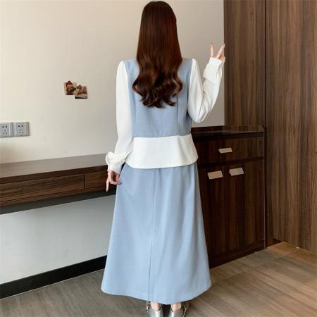 FA43397# 秋季新款大码女装胖MM假两件上衣通勤气质半身裙巨显瘦套装 服裝批發女裝批發服飾貨源