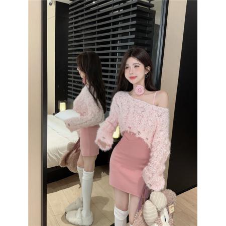 FA43399# 流行套装辣妹短款毛衣女秋冬修身吊带连衣裙针织两件套 服裝批發女裝批發服飾貨源