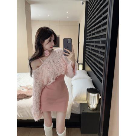 FA43399# 流行套装辣妹短款毛衣女秋冬修身吊带连衣裙针织两件套 服裝批發女裝批發服飾貨源