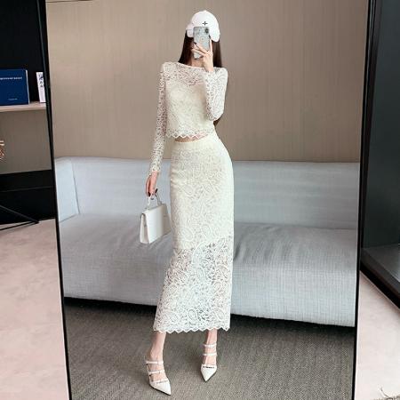 FA43406# 视频秋季新款时尚气质蕾丝上衣性感包臀长裙套装两件套 服裝批發女裝批發服飾貨源