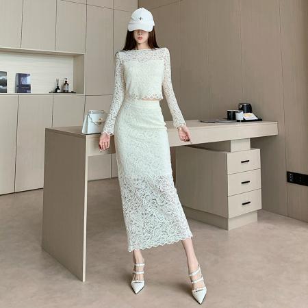 FA43406# 视频秋季新款时尚气质蕾丝上衣性感包臀长裙套装两件套 服裝批發女裝批發服飾貨源