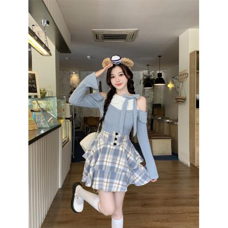 FA43412# 胖m早秋针织露肩上衣搭格纹鱼骨超高腰半身裙套装 服裝批發女裝批發服飾貨源