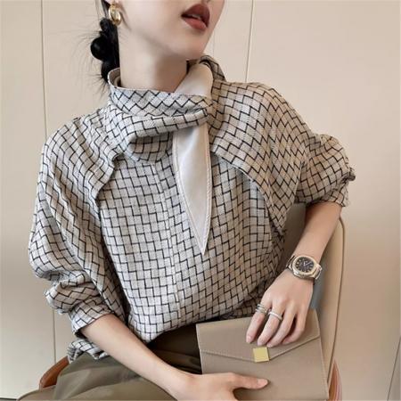 FA43417# 格子立领复古长袖衬衫女秋季新款设计感小众休闲衬衣 服裝批發女裝批發服飾貨源