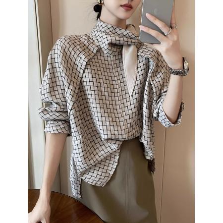 FA43417# 格子立领复古长袖衬衫女秋季新款设计感小众休闲衬衣 服裝批發女裝批發服飾貨源