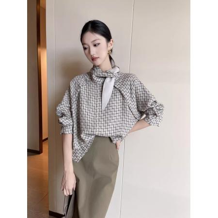 FA43417# 格子立领复古长袖衬衫女秋季新款设计感小众休闲衬衣 服裝批發女裝批發服飾貨源