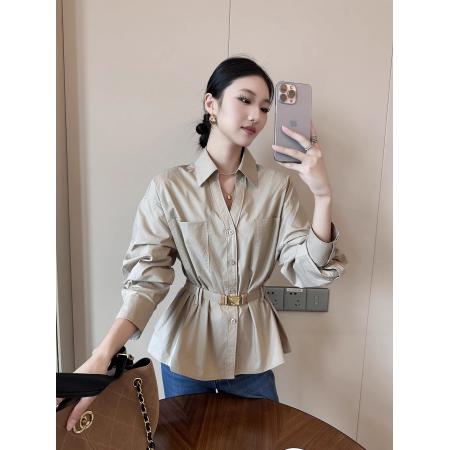 FA43418# 咖色polo领长袖衬衫女秋季新款收腰系带显瘦通勤上衣 服裝批發女裝批發服飾貨源