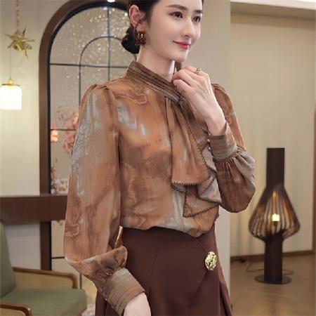 FA43419# 早秋女装新款女士巨好看设计感上衣长袖飘带晕染衬衫气质小衫 服裝批發女裝批發服飾貨源