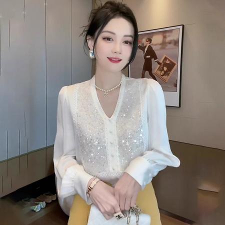 FA43420# gtuq法式高级感白色重工亮片设计感长袖衬衫女春季高级感洋气上衣 服裝批發女裝批發服飾貨源