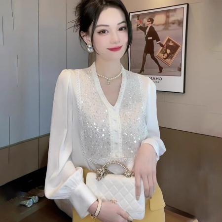 FA43420# gtuq法式高级感白色重工亮片设计感长袖衬衫女春季高级感洋气上衣 服裝批發女裝批發服飾貨源