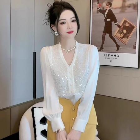 FA43420# gtuq法式高级感白色重工亮片设计感长袖衬衫女春季高级感洋气上衣 服裝批發女裝批發服飾貨源