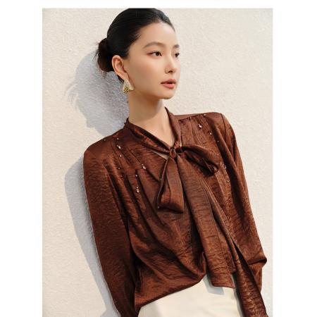 FA43421# 星河早秋纯色宽松长袖衬衫蝴蝶结系带V领上衣女通勤 服裝批發女裝批發服飾貨源