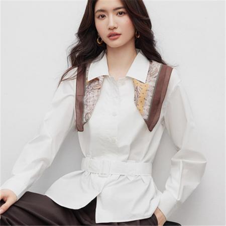 FA43422# 收腰白色衬衫女秋季新款法式通勤显瘦设计感长袖衬衣 服裝批發女裝批發服飾貨源