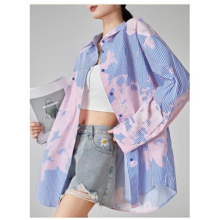FA43423# 蓝色条纹印花衬衫女春季新款韩系慵懒风宽松别致上衣潮 服裝批發女裝批發服飾貨源