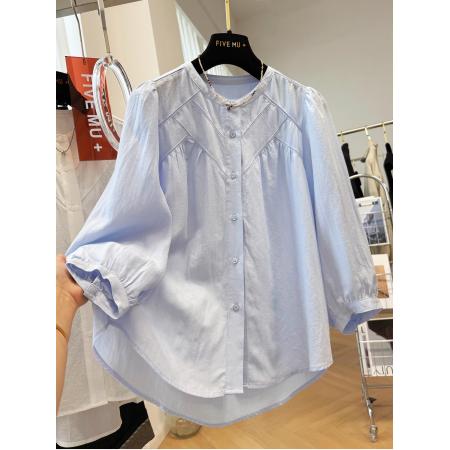 FA43424# 早秋新款韩系巨好看的七分袖圆领衬衫女法式小资小上衣小衫薄 服裝批發女裝批發服飾貨源