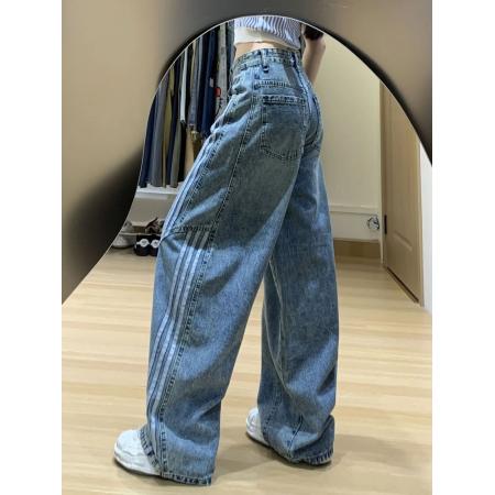 FA43425# 美式复古水洗解构弯刀牛仔裤设计三条条纹拼接百搭三条杠牛仔裤子 服裝批發女裝批發服飾貨源