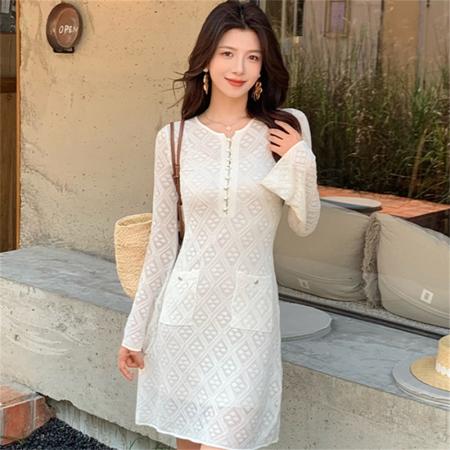 FA43428# 法式慵懒松弛感穿搭漂亮冷淡系巨好看小个子富家千金针织连衣裙秋 服裝批發女裝批發服飾貨源