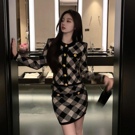 FA43429# 秋法式小香风格子针织开衫包臀半裙外套装女 服裝批發女裝批發服飾貨源