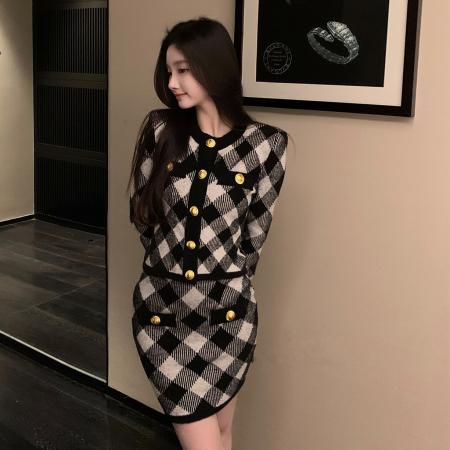 FA43429# 秋法式小香风格子针织开衫包臀半裙外套装女 服裝批發女裝批發服飾貨源