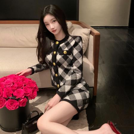 FA43429# 秋法式小香风格子针织开衫包臀半裙外套装女 服裝批發女裝批發服飾貨源