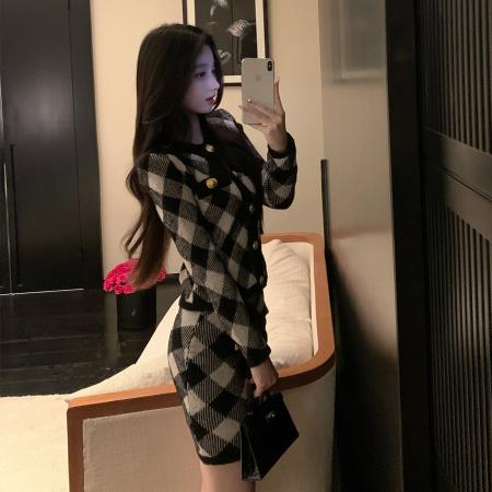 FA43429# 秋法式小香风格子针织开衫包臀半裙外套装女 服裝批發女裝批發服飾貨源