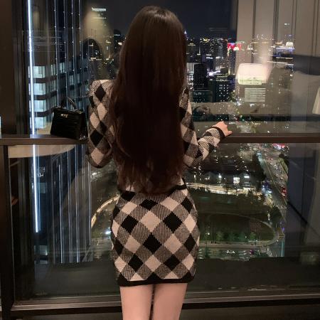 FA43429# 秋法式小香风格子针织开衫包臀半裙外套装女 服裝批發女裝批發服飾貨源