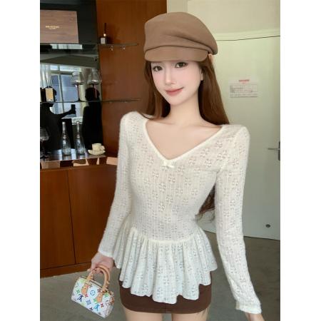 FA43436# 蕾丝V领设计感绒面内搭针织衫女秋冬季休闲百搭长袖上衣 服裝批發女裝批發服飾貨源