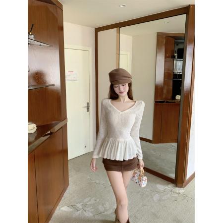 FA43436# 蕾丝V领设计感绒面内搭针织衫女秋冬季休闲百搭长袖上衣 服裝批發女裝批發服飾貨源