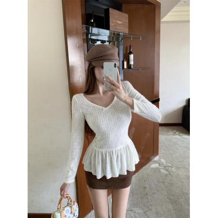 FA43436# 蕾丝V领设计感绒面内搭针织衫女秋冬季休闲百搭长袖上衣 服裝批發女裝批發服飾貨源