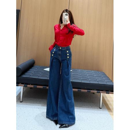 FA43448# 牛仔阔腿裤女高腰宽松显瘦双排扣设计感复古时尚百搭垂感拖地长裤 服裝批發女裝批發服飾貨源