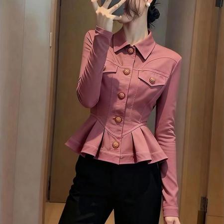 FA43450# 豆沙色短款外套女新款秋小个子百搭洋气减龄收腰显瘦掐腰上衣 服裝批發女裝批發服飾貨源