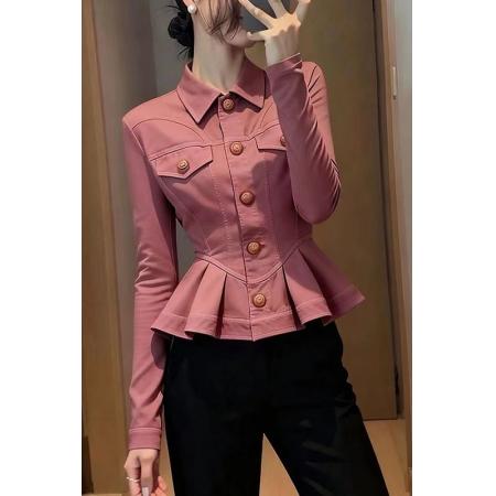 FA43450# 豆沙色短款外套女新款秋小个子百搭洋气减龄收腰显瘦掐腰上衣 服裝批發女裝批發服飾貨源