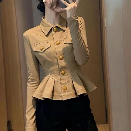 FA43452# 卡其色短款外套女新款秋小个子百搭洋气减龄收腰显瘦掐腰上衣 服裝批發女裝批發服飾貨源