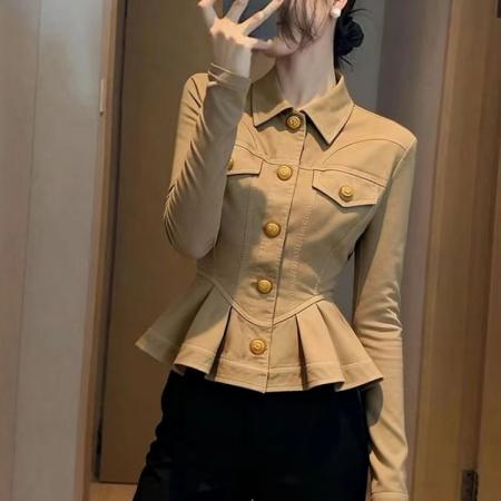 FA43452# 卡其色短款外套女新款秋小个子百搭洋气减龄收腰显瘦掐腰上衣 服裝批發女裝批發服飾貨源