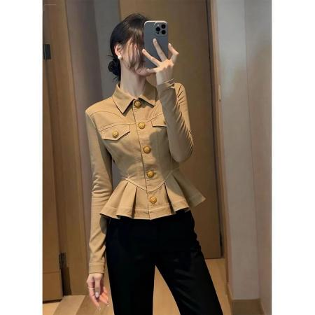 FA43452# 卡其色短款外套女新款秋小个子百搭洋气减龄收腰显瘦掐腰上衣 服裝批發女裝批發服飾貨源