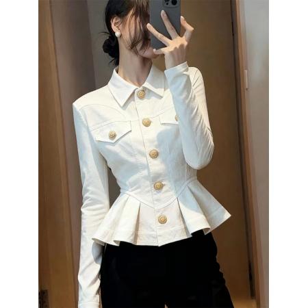 FA43453# 白色短款外套女新款秋小个子巨好看独特漂亮气质高端掐腰上衣 服裝批發女裝批發服飾貨源