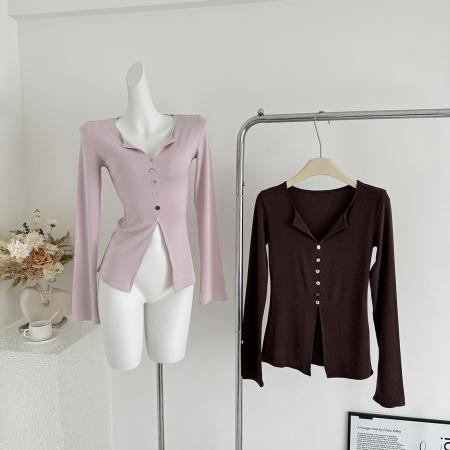 FA43455# 设计感v领喇叭长袖收腰针织T恤衫修身显瘦上衣女 服裝批發女裝批發服飾貨源