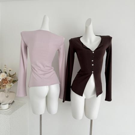 FA43455# 设计感v领喇叭长袖收腰针织T恤衫修身显瘦上衣女 服裝批發女裝批發服飾貨源