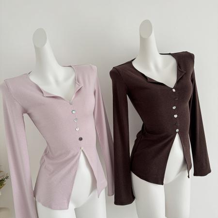 FA43455# 设计感v领喇叭长袖收腰针织T恤衫修身显瘦上衣女 服裝批發女裝批發服飾貨源