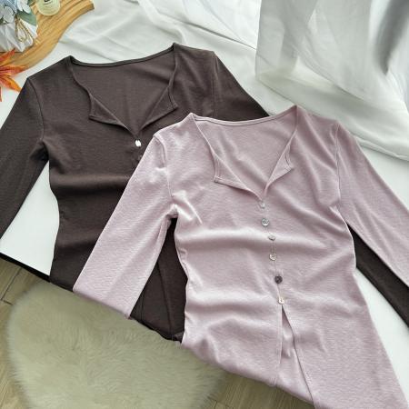 FA43455# 设计感v领喇叭长袖收腰针织T恤衫修身显瘦上衣女 服裝批發女裝批發服飾貨源