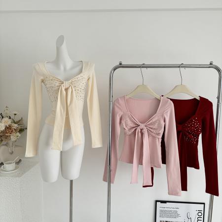 FA43456# 烫钻蝴蝶结T恤女秋冬长袖上衣 服裝批發女裝批發服飾貨源