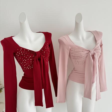 FA43456# 烫钻蝴蝶结T恤女秋冬长袖上衣 服裝批發女裝批發服飾貨源