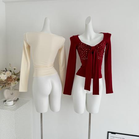 FA43456# 烫钻蝴蝶结T恤女秋冬长袖上衣 服裝批發女裝批發服飾貨源