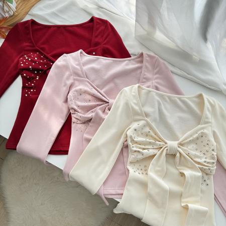 FA43456# 烫钻蝴蝶结T恤女秋冬长袖上衣 服裝批發女裝批發服飾貨源