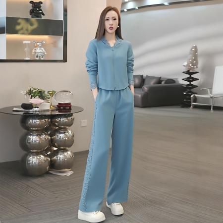 FA43461# 欧货休闲运动套装女春秋新款时尚洋气连帽蕾丝拼接卫衣两件套 服裝批發女裝批發服飾貨源