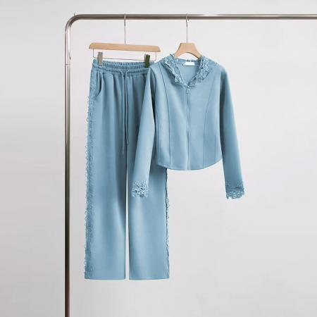 FA43461# 欧货休闲运动套装女春秋新款时尚洋气连帽蕾丝拼接卫衣两件套 服裝批發女裝批發服飾貨源