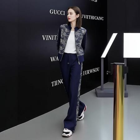 蓝色休闲运动服套装女秋冬韩版宽松洋气减龄开衫卫衣休闲裤两件套 服裝批發女裝批發服飾貨源